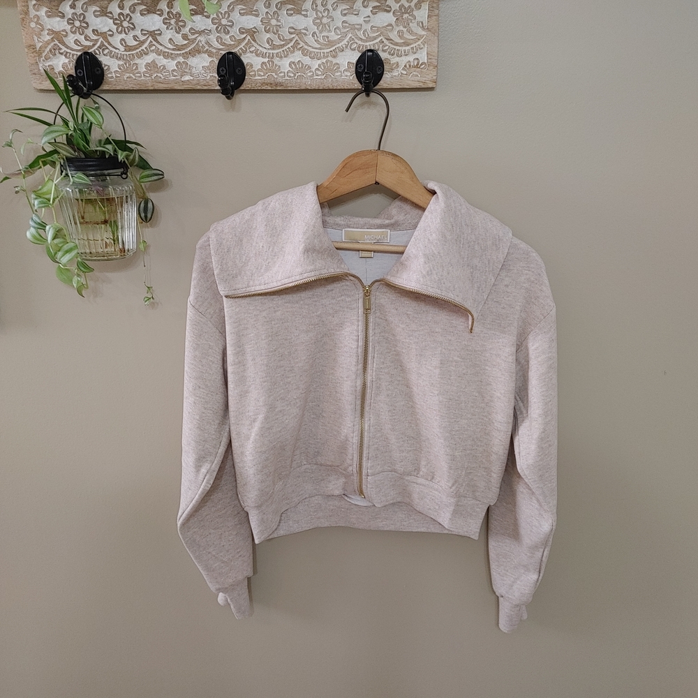 NWT Michael Kors Beige Cropped Zip-Up Collared Soft Cozy Sweatshirt Womens Small